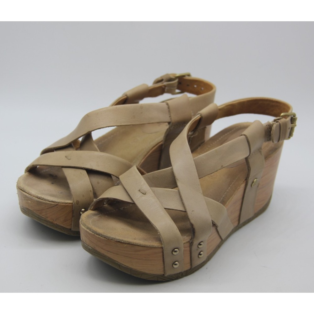 BUSSOLA Sandals Women's 37/6 Formentera Doeskin Strappy Beige Strap Wedge Heel